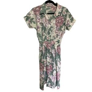 Vintage 80's Floral Cotton Button Up A-Line Button Up Midi Dress Size S
